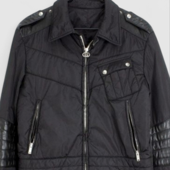 AW97 GUCCI x TOM FORD Vtg Moto Puffer Jacket Web Leather Nylon Biker Bomber - Picture 2 of 16